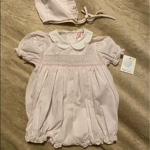 Petit Ami pink smocked embroidered bubble for baby girl - 3 mo
